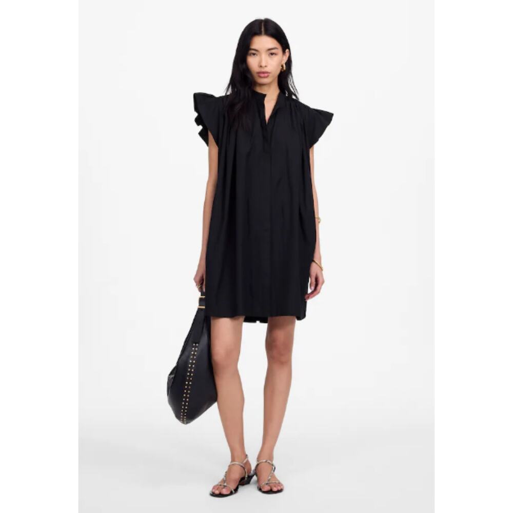 Madewell Flutter Sleeve Button-Front Mini Dress S in Poplin Black Cotton